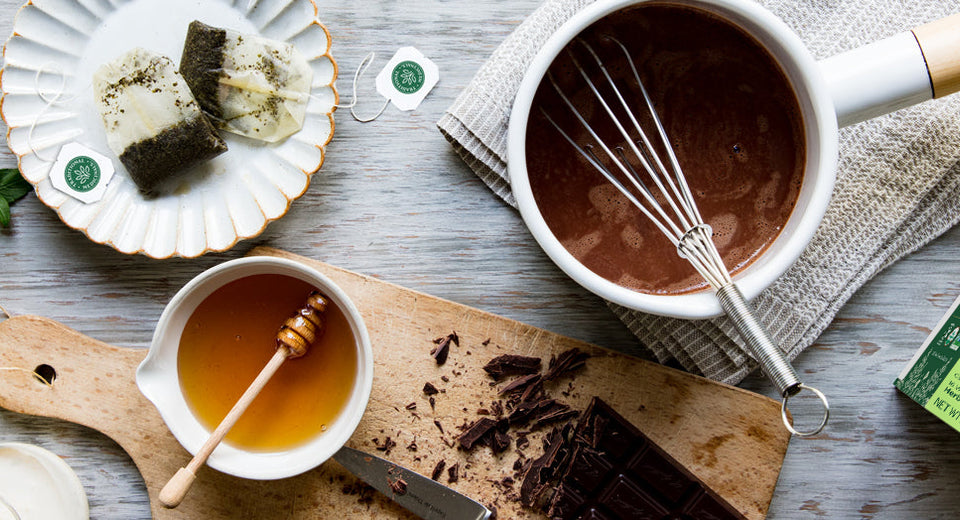 Peppermint Tea box overhead shot with chocolate, honey, and cooking utensils