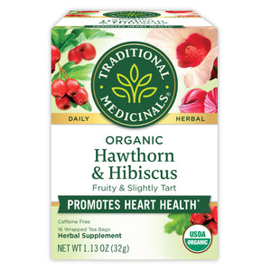 Traditional Medicinals logo. Daily. Herbal. Organic Hawthorn & Hibiscus. Fruity & slightly Tart. Promotes Heart Health. Caffeine Free. 16 Wrapped Tea Bags. Herbal Supplement. NET WT 1.13 OZ (32g). USDA ORGANIC logo