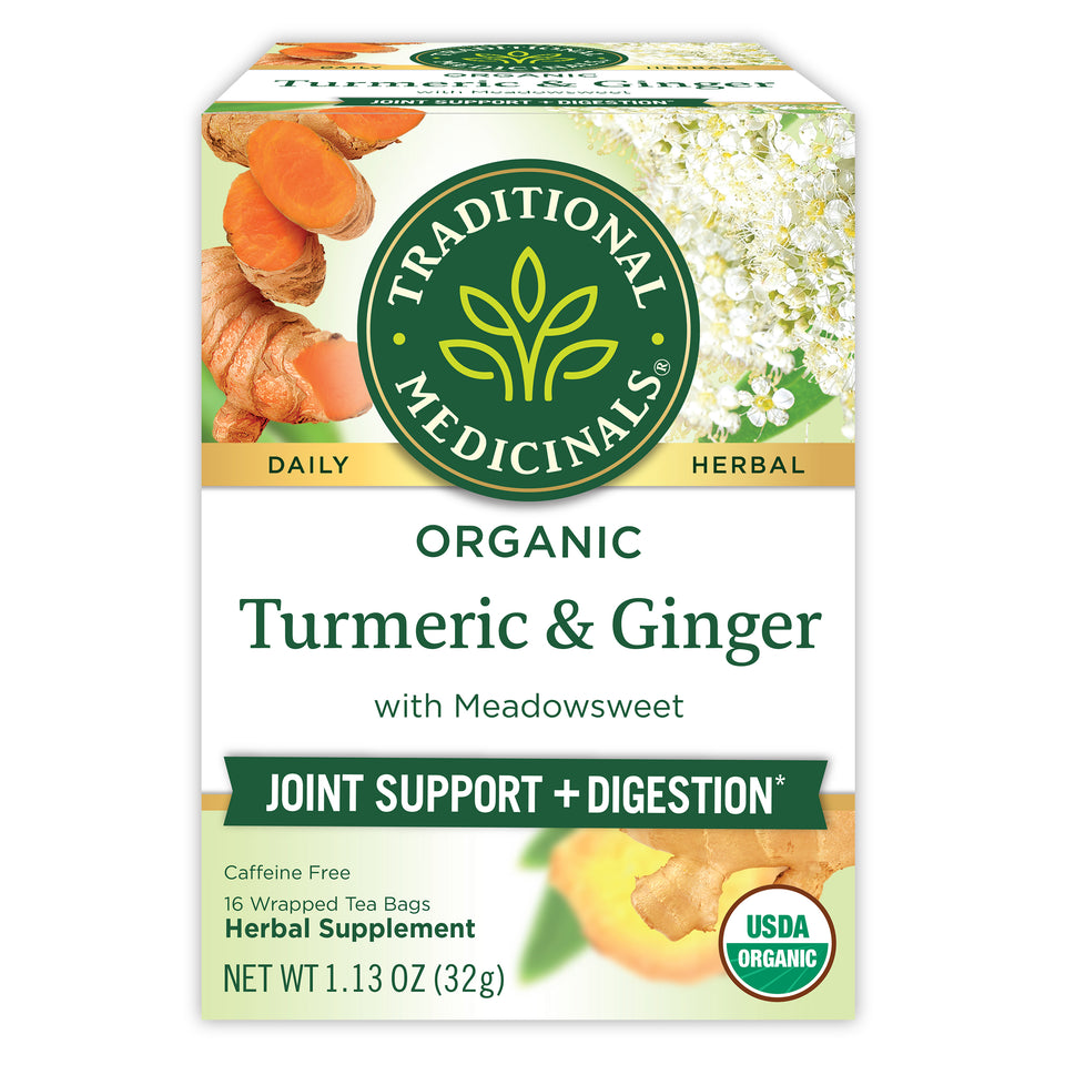 Box of Turmeric & Ginger with Meadowsweet Tea featuring vibrant images of turmeric and ginger roots, enhanced by the soothing notes of meadowsweet.