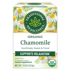 Traditional Medicinals logo. Daily Herbal. Organic Chamomile. Soothingly Sweet & Floral. Supports Relaxation. Caffeine Free. 16 Wrapped Tea Bags. Herbal Supplement. NET WT .74 OZ (20.8g). USDA ORGANIC logo