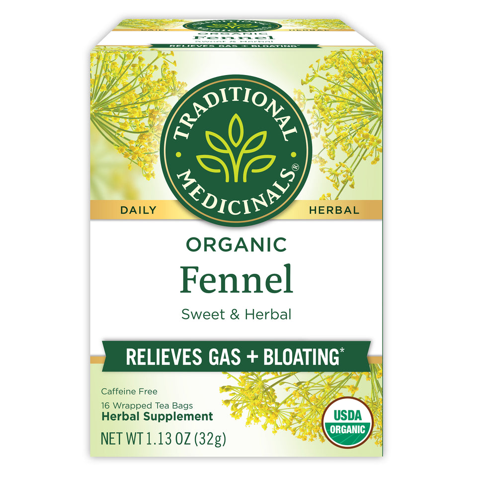 Traditional Medicinals logo. Daily. Herbal. Organic Fennel. Sweet & Herbal. Relieves gas + Bloating. Caffeine Free. 16 Wrapper Tea Bags. Herbal Supplement. NET WT 1.13 OZ (32g). USDA ORGANIC logo