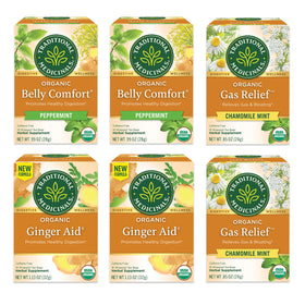 Belly Comfort Peppermint, Gas Relief Chamomile Mint, and Ginger Aid packages