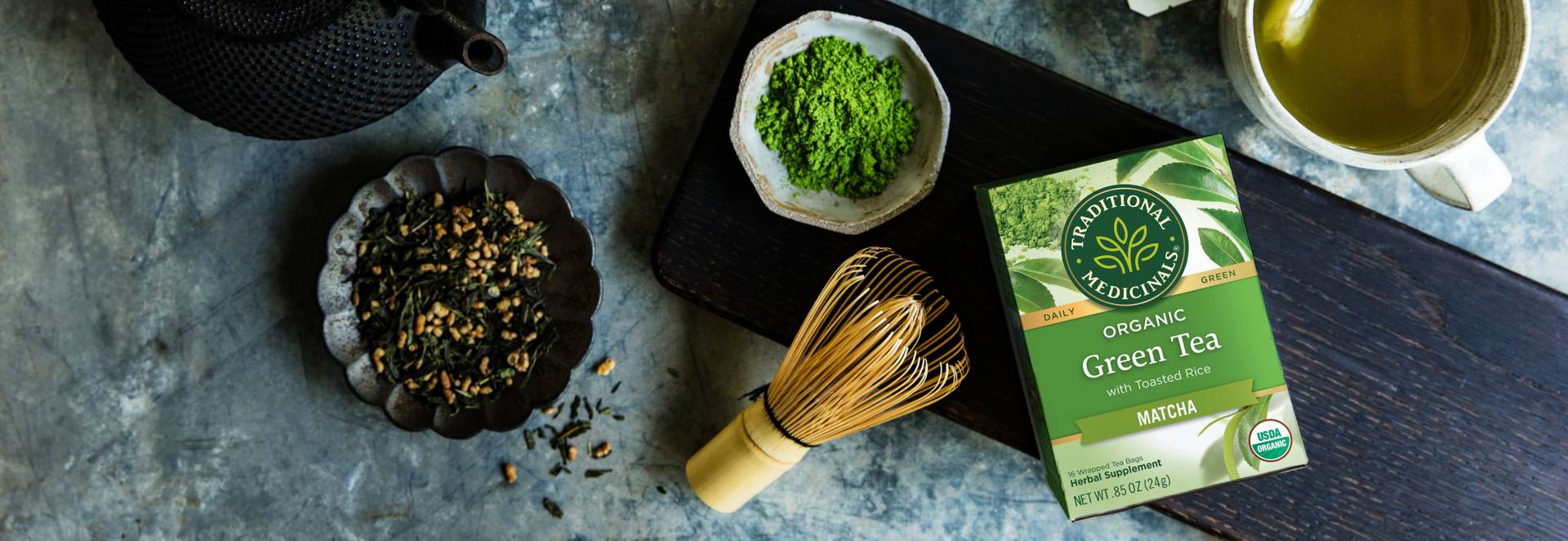 Green Tea Matcha packages on a table