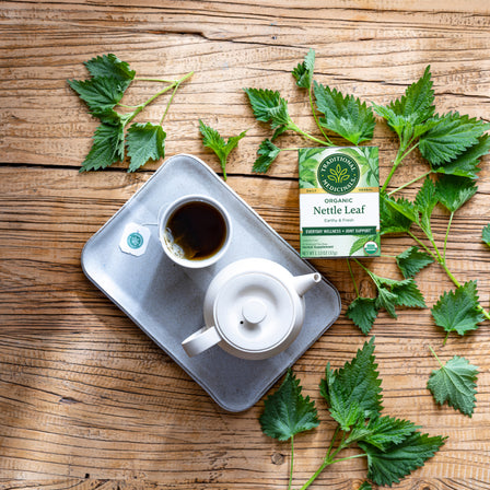 A teapot and cup of Nettle Leaf Tea rest on a tray alongside fresh leaves and a tea box, all elegantly arranged on a wooden table to promote overall wellness.