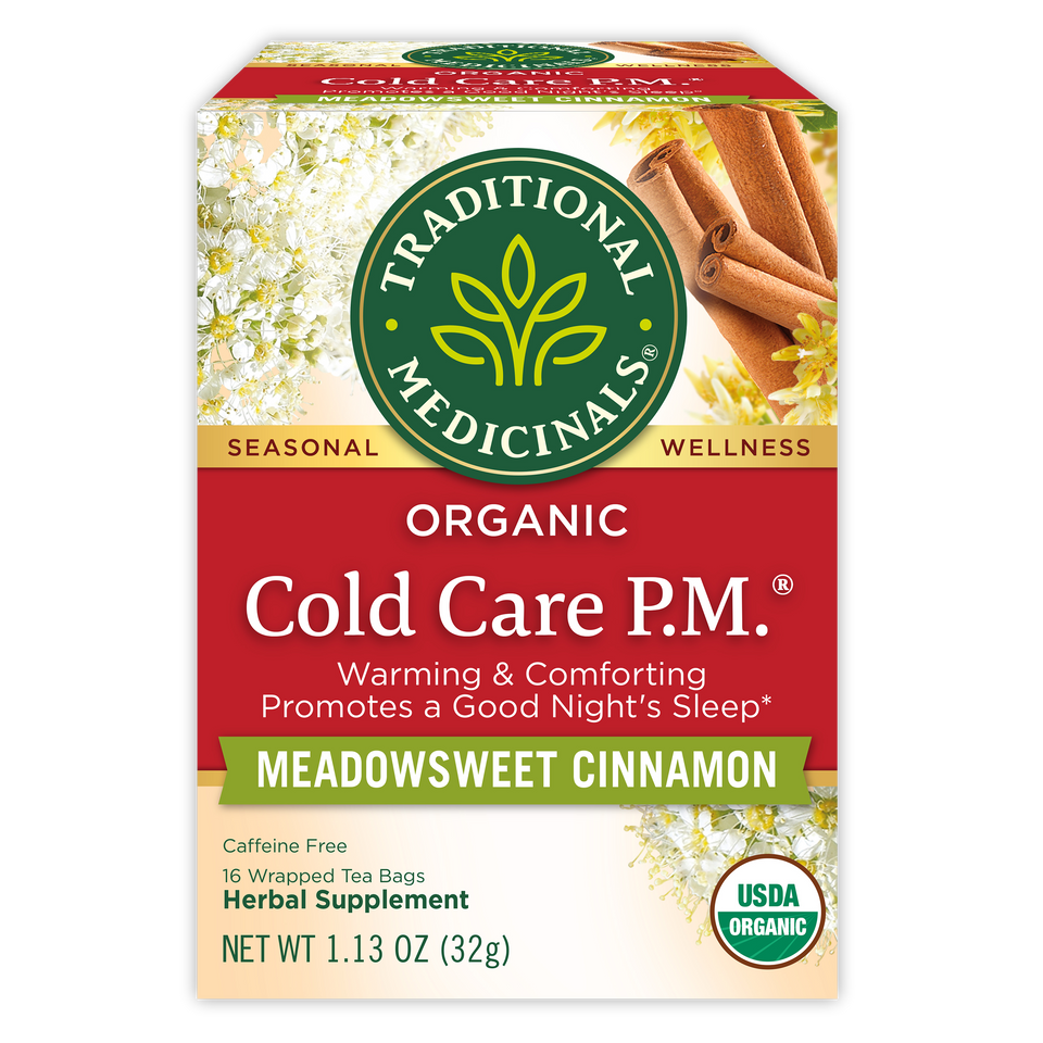 Traditional Medicinals logo. Seasonal Wellness. Organic Cold Care P.<. Warming & Comforting Promotes a Good Night's Sleep. MEADOWSWEET CINNAMON. Caffeine Free. 16 Wrapped Tea Bags. Herbal Supplement. NET WT 1.13 OZ (32g). USDA ORGANIC logo