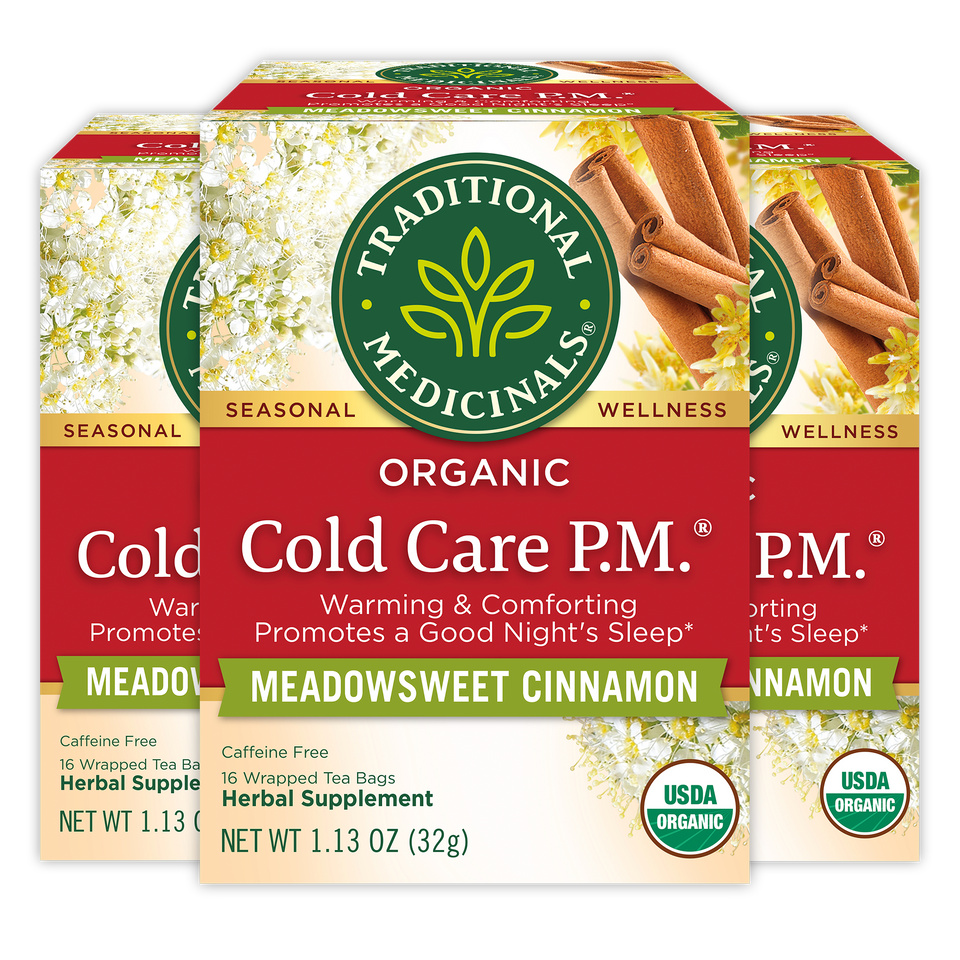 Three boxes of Cold Care P.M.® Tea, featuring a meadowsweet cinnamon flavor, perfect for supporting respiratory health and promoting a restful night's sleep.