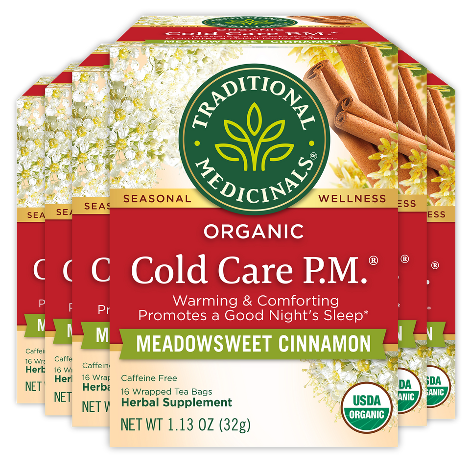 Indulge in Cold Care P.M.® Tea, available in Meadowsweet Cinnamon flavor, designed to support respiratory health and provide restful sleep with every calming sip.