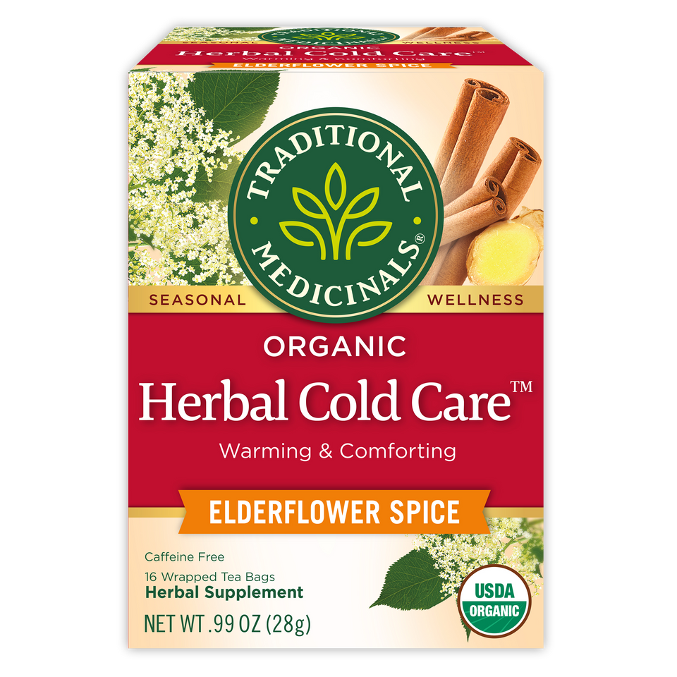 Traditional Medicinals logo. Seasonal. Wellness. Organic Herbal Cold Care. Warming & Comforting. Elderflower Spice. Caffeine Free. 16 Wrapped Tea Bags. Herbal Supplement. NET WT .99 OZ (28g). USDA ORGANIC logo