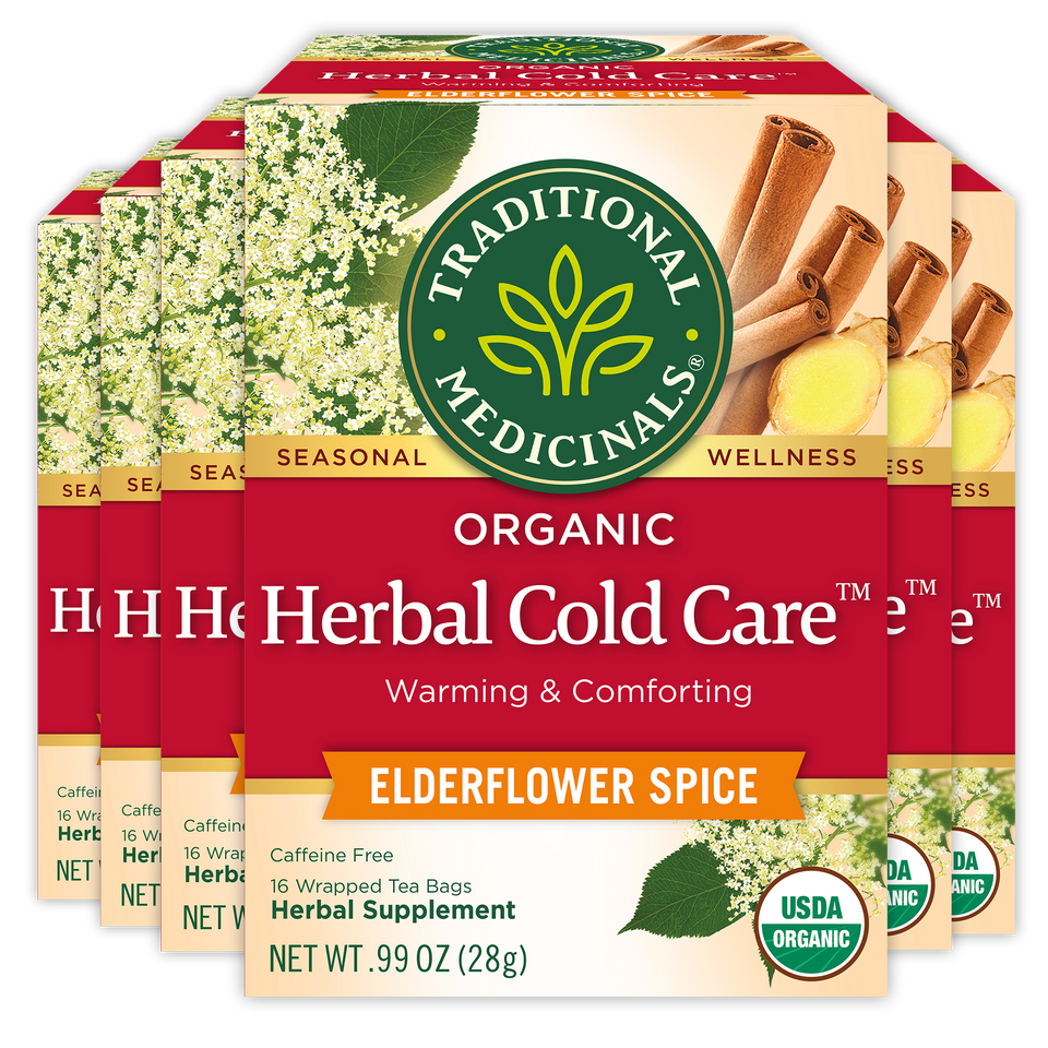 Boxes of Herbal Cold Care™ Tea by Traditional Medicinals feature Elderflower Spice tea, with soothing comfort emphasized through herbal images on the packaging.