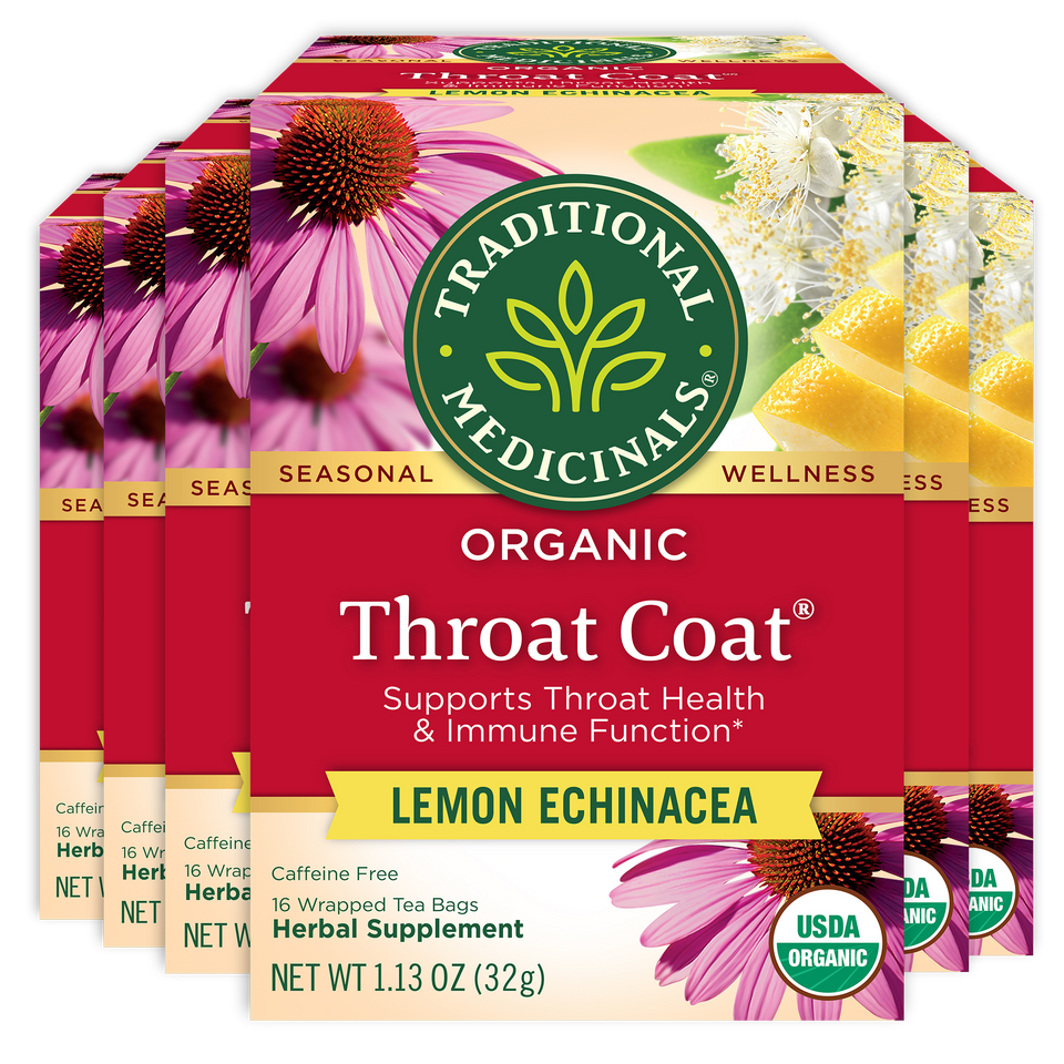 Packages of Throat Coat® Lemon Echinacea Tea, featuring echinacea flowers on the design, are crafted to support throat health and enhance your immune system.