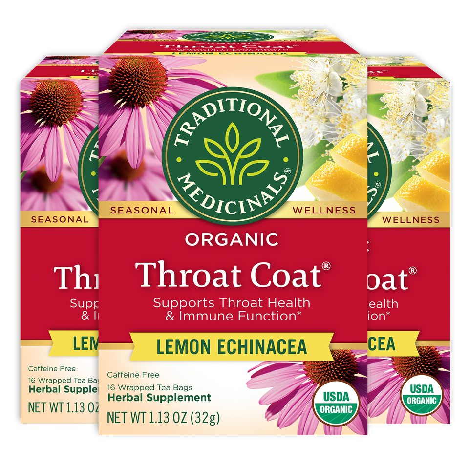 Three boxes of Throat Coat® Lemon Echinacea Tea, each containing 16 bags, offer soothing relief and help maintain throat health.